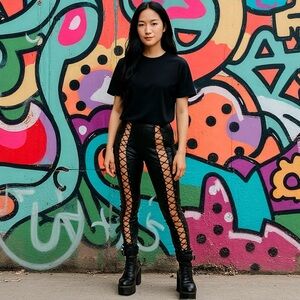 Current Mood (Dolls Kill) XXS black faux leather lace up corset leggings